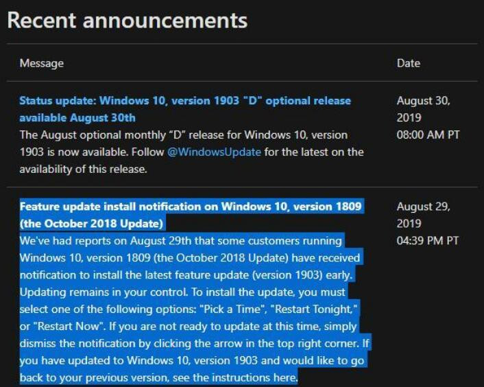 微软证实一些Windows 10 1809用户提前收到了1903更新